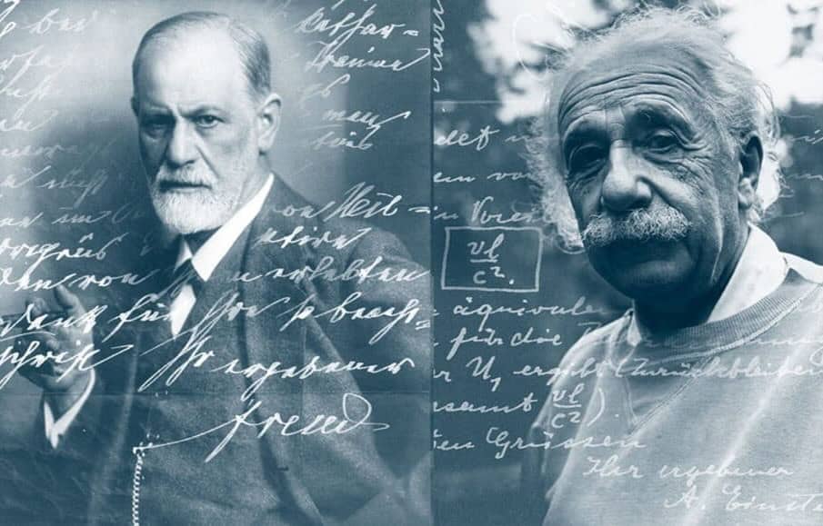 History of PTSD. From Shell Shock to War Neurosis. The picture shows on the left side the photograph of Freud, on the right the photograph of Einstein. The picture is a collage including the handwriting of both personalities. It relates to the letter exchange between Einstein and Freud about war, about aggressive and destructive impulses within the human psyche. Freud tries to answer Einstein how the war could be prevented. His statement however is not encouraging. Freud is aware of the danger stored in human nature