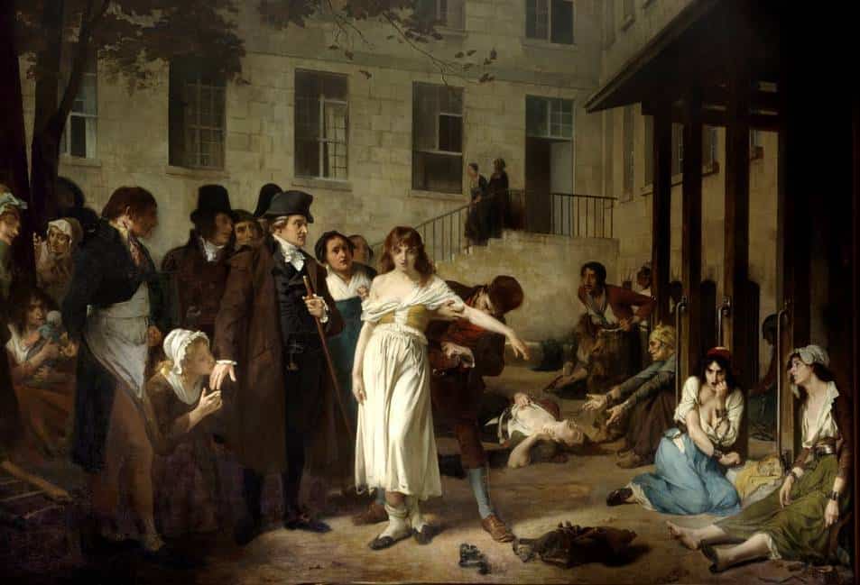 Treatment of psychoses. Schizophrenia and madness. Doctor Philippe Pinel (1745-1826) liberating the aliens of their chains in 1795 at the Salpetriere Hospital in Paris, Painting by Tony Robert Fleury (1837-1912) 19th century Paris
